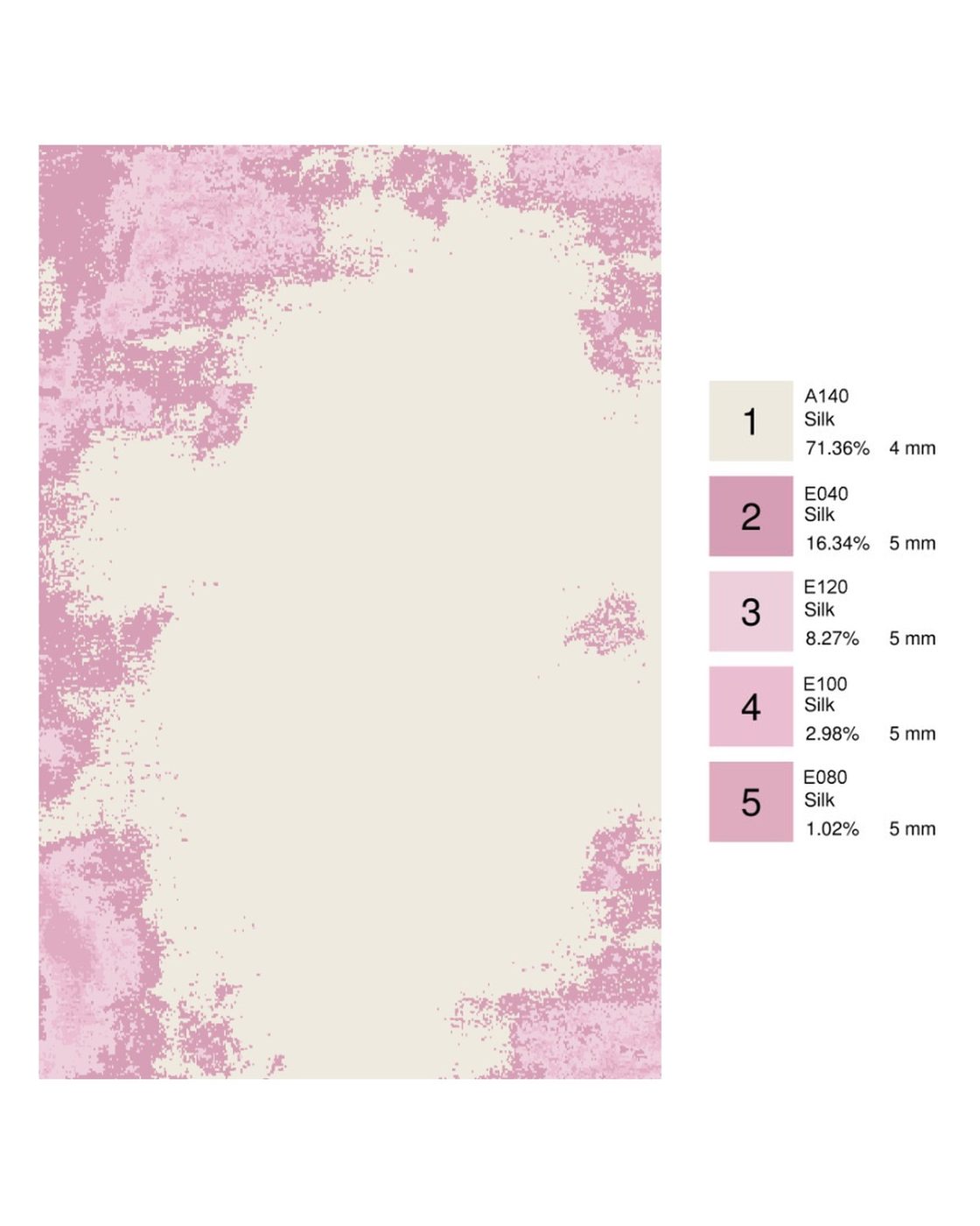 Colour plan of a rug with a blush pattern around the edges and a legend of five silk yarn codes with pile heights